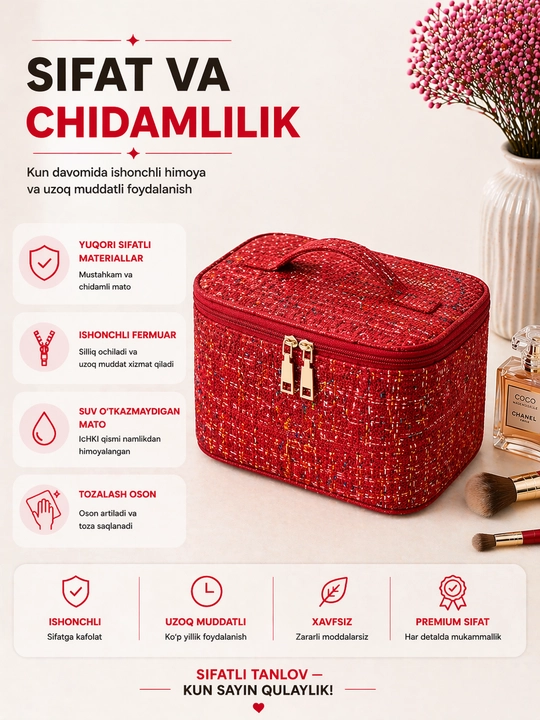 Ayollar uchun katta sig‘imli kosmetik sumka – tartibli saqlash uchun organayzer
