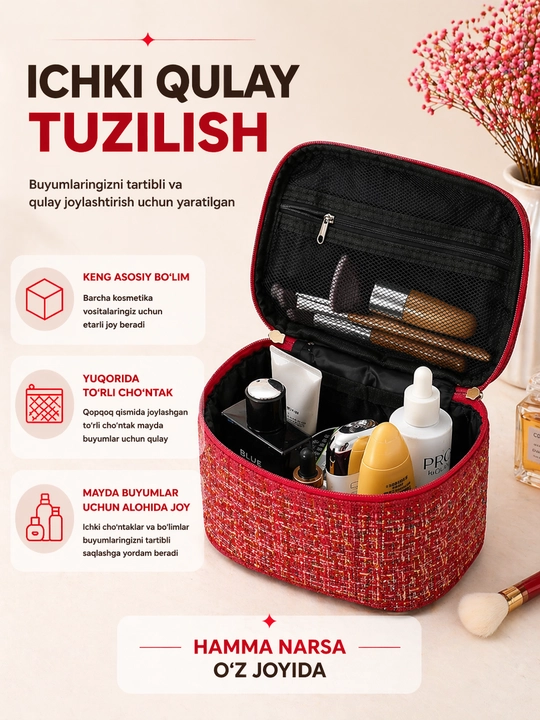 Ayollar uchun katta sig‘imli kosmetik sumka – tartibli saqlash uchun organayzer