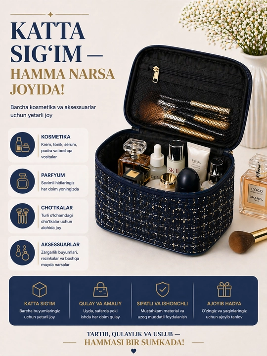 Ayollar uchun katta sig‘imli kosmetik sumka – tartibli saqlash uchun organayzer