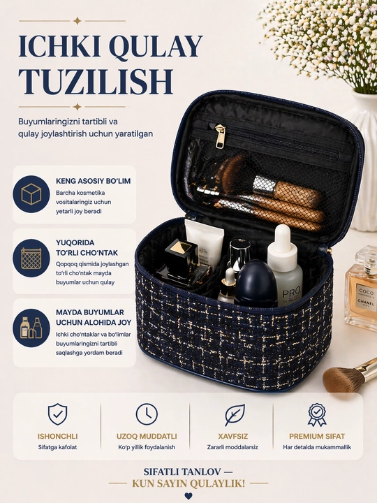 Ayollar uchun katta sig‘imli kosmetik sumka – tartibli saqlash uchun organayzer