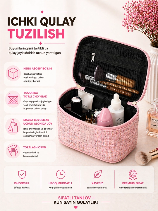 Ayollar uchun katta sig‘imli kosmetik sumka – tartibli saqlash uchun organayzer