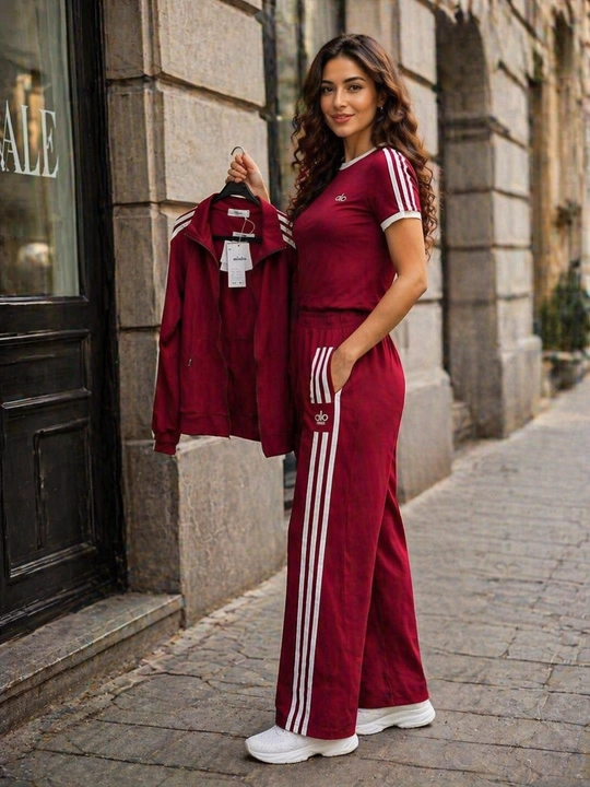 Ayollar uchlik sport kostyumi, 3 dona, shim, futbolka, kurtka, paxta tolali, yozgi-kuzgi, 46-52 o‘lcham