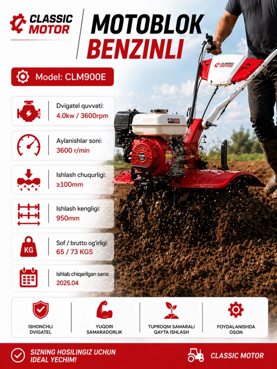 Motoblok benzinli CLASSIC MOTOR CLM900E, 4.0kW, 3600 rpm, kultivator
