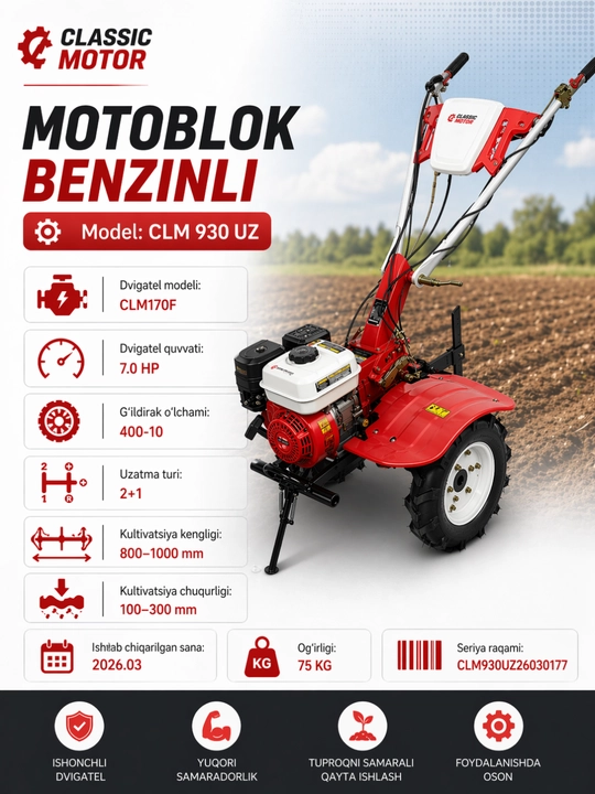 Бензиновый культиватор Motoblock CLASSIC MOTOR CLM900E, 4,0 кВт, 3600 об/мин - 