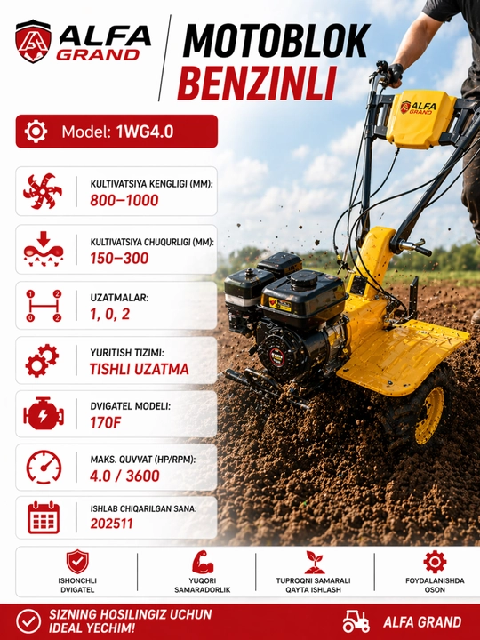 Motoblok benzinli ALFA GRAND 1WG4.0, 170F dvigatel, 4.0 HP, kultivator