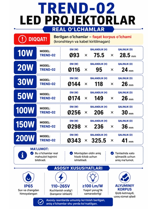 LED, Projektor, OYDIN ELECTRIC, 10W–200W, IP65, 110-250Vgacha, yorug‘lik energiya tejamkor