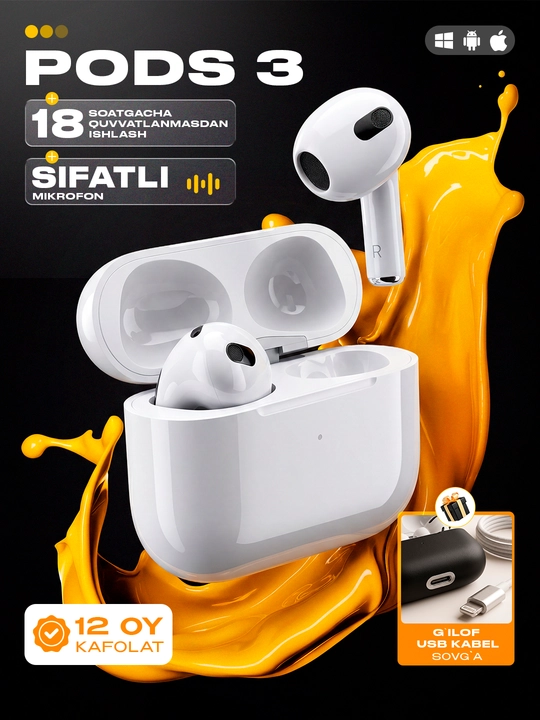 Pods 3 quloqchinlari, iPhone va Android uchun sensorli Bluetooth quloqchinlari - 