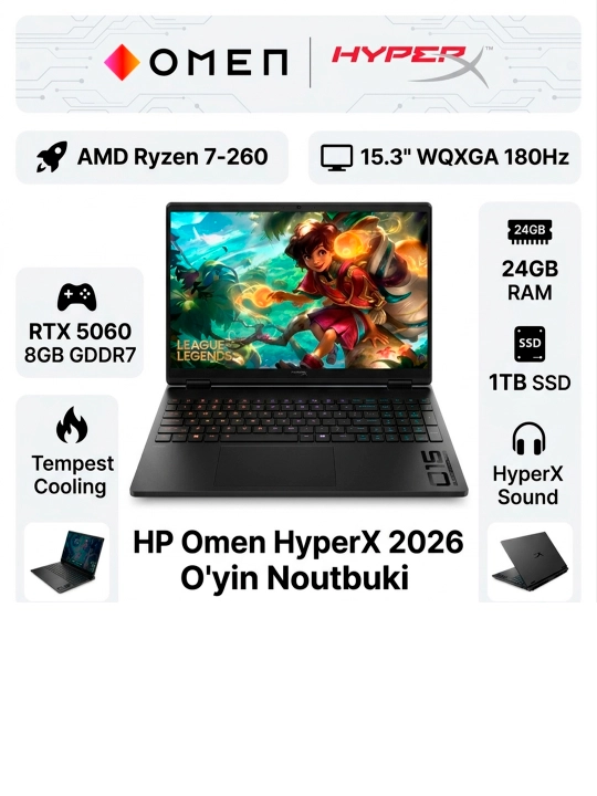 Игровой ноутбук HP Omen HyperX R7-260 24GB/1TB RTX 5060 8GB 15.3" WQXGA 180Hz  - 