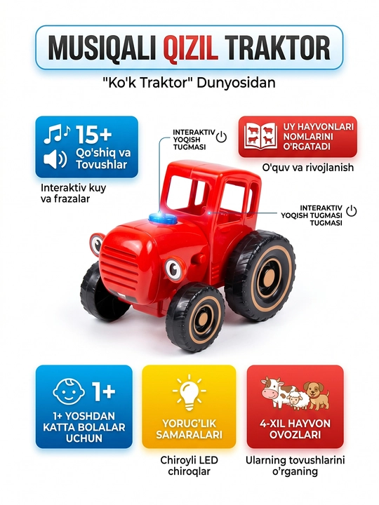Siniy Traktor musiqali interaktiv traktor, 4 xil rangda, chiroqli va ovozli o'yinchoq - 