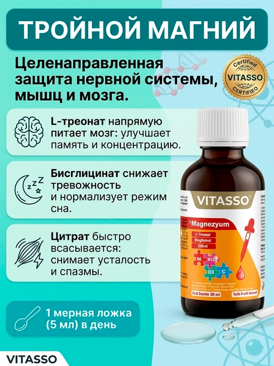 Bolalar uchun magniy, D3, B6, B12 vitaminlari, Mag-ThreeOn Kids Vitasso tomchilari, 30 ml - 