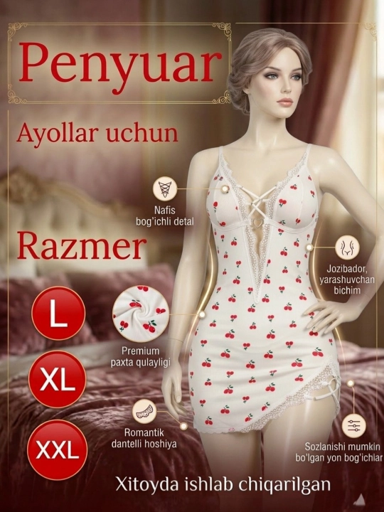 Ayollar tungi ko‘ylagi, olcha naqshli, to‘rli, penyuar