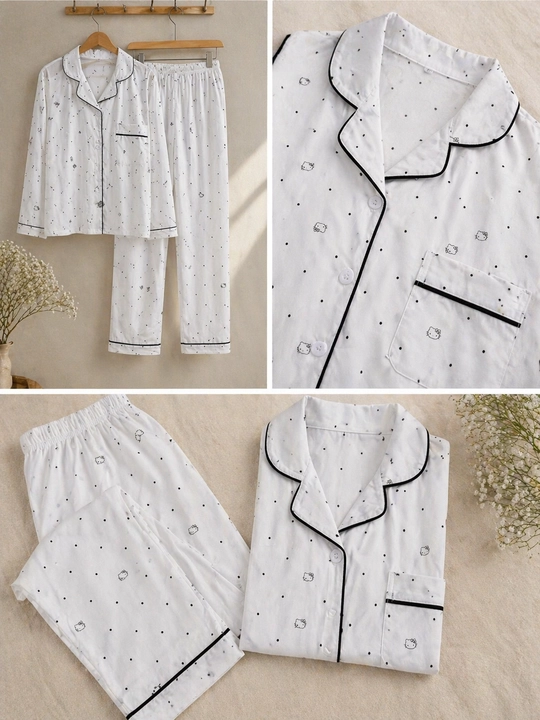 Ayollar uchun paxtadan tikilgan pijama, oq mayda nuqtali