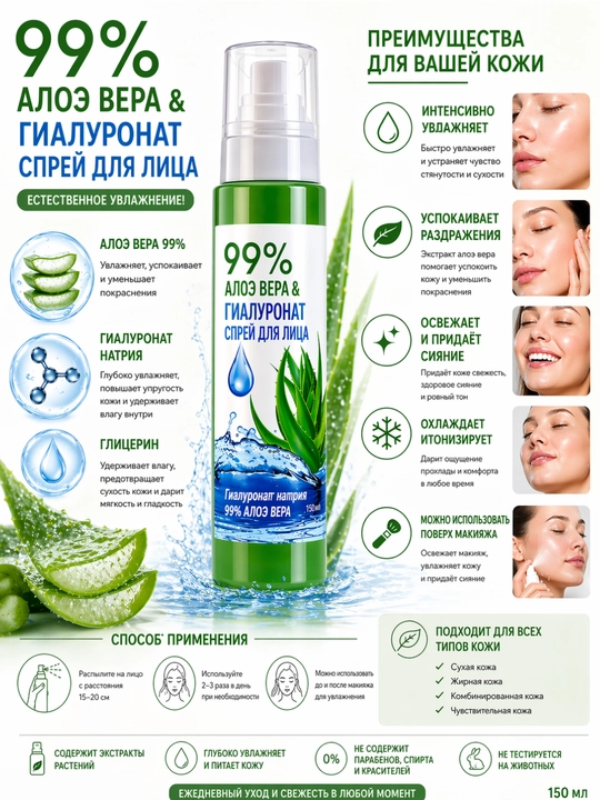 Sprey yuz uchun, Aloe Vera 99% namlantiruvchi, 150 ml