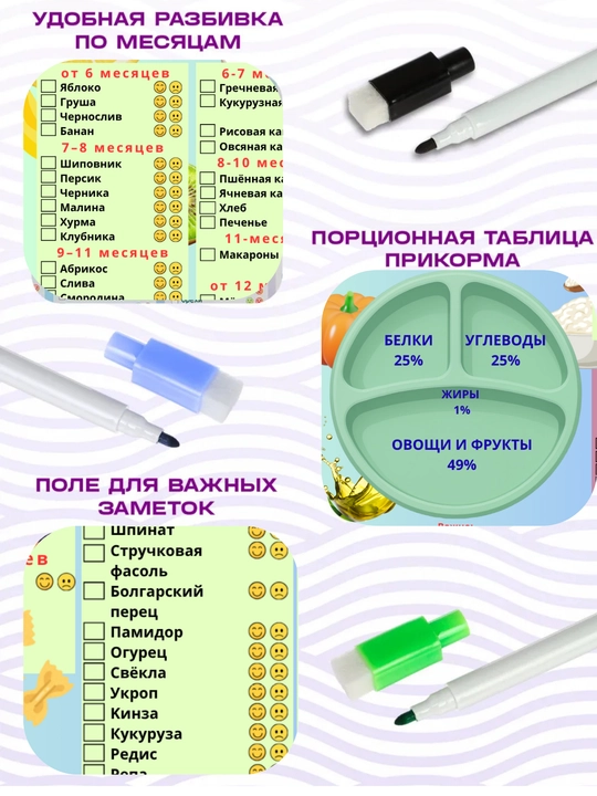 Qo‘shimcha ovqat kiritish kundaligi, magnitli A4, muzlatgich uchun, marker sovg‘a