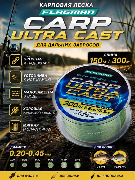 Flagman Carp Ultra Cast 150m, 300m 0.20–0.45 mm uzunlikdagi karp leskasi
