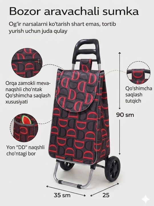 Arava sumka, shopper sumka, g'ildirakli sumka, bozor sumkasi, katta sumka, 30 kg yuk uchun
