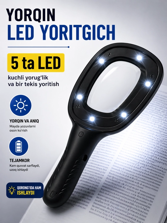 Лупа TH-600558 с подсветкой LED+UV, увеличение 3x, для чтения и проверки