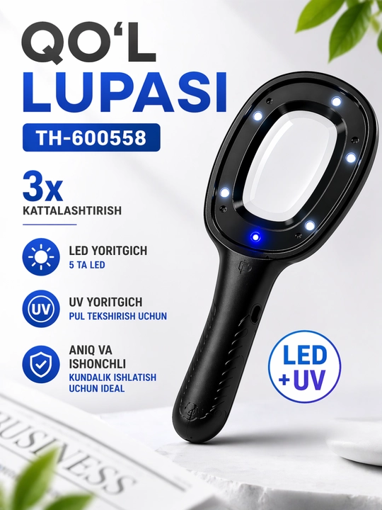 Лупа TH-600558 с подсветкой LED+UV, увеличение 3x, для чтения и проверки - 