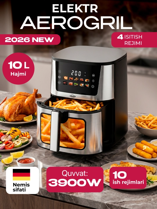 Smart aerogril, 2 TENli, yog'siz pishirish uchun multipech, 12 tasi 1,fritz, 10 va 12 litr