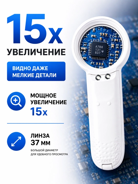 Лупа ручная MG6B-2 с LED подсветкой, увеличение 15x, для мелких деталей