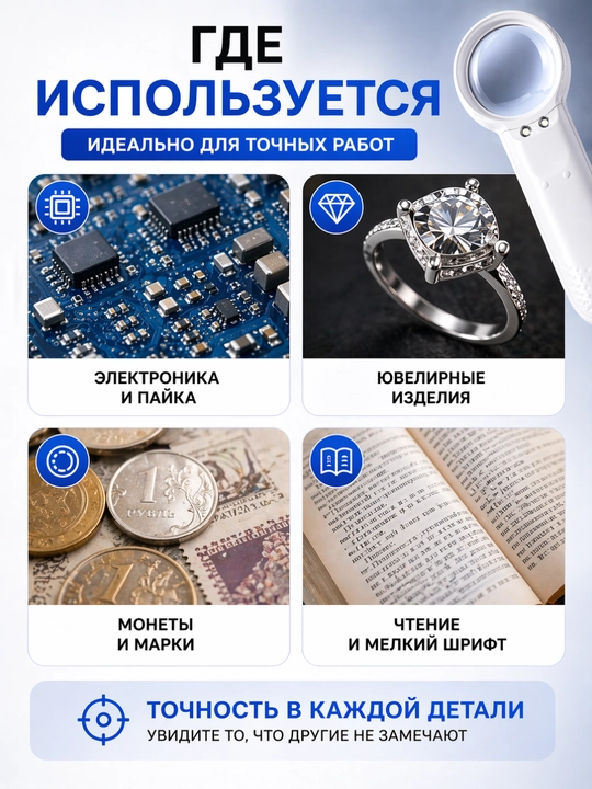 Лупа ручная MG6B-2 с LED подсветкой, увеличение 15x, для мелких деталей