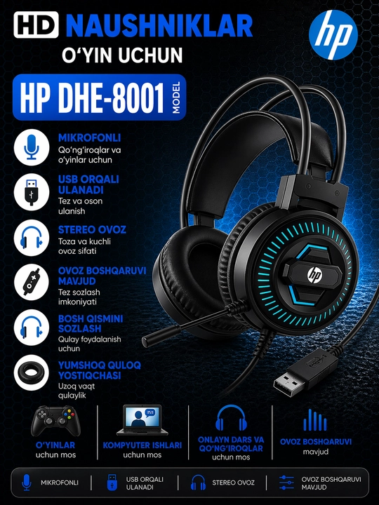 HP DHE-8015U gaming quloqchin, mikrofonli, USB ulanish, kompyuter uchun
