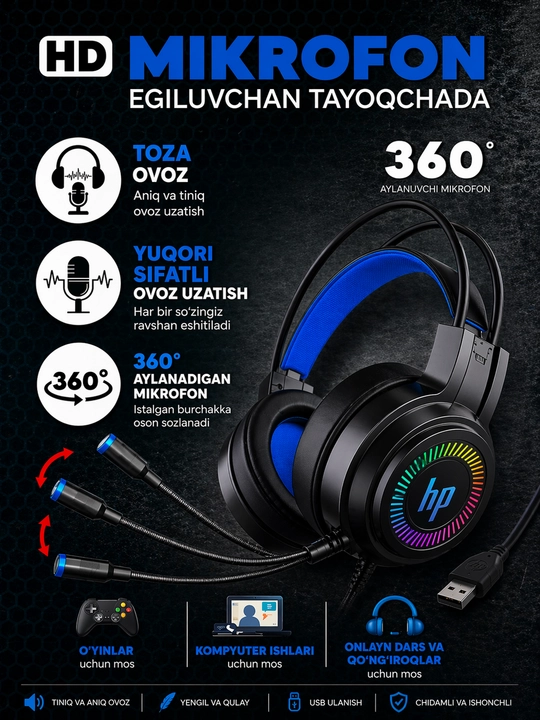 HP DHE-8015U gaming quloqchin, mikrofonli, USB ulanish, kompyuter uchun