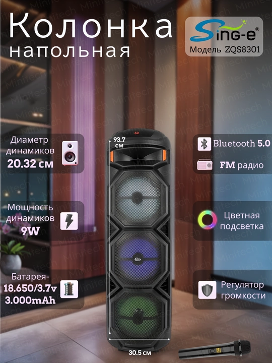 Kolonka ZQS portativ Bluetooth mikrofonli RGB yoritish TWS USB TF AUX FM va karaoke - 
