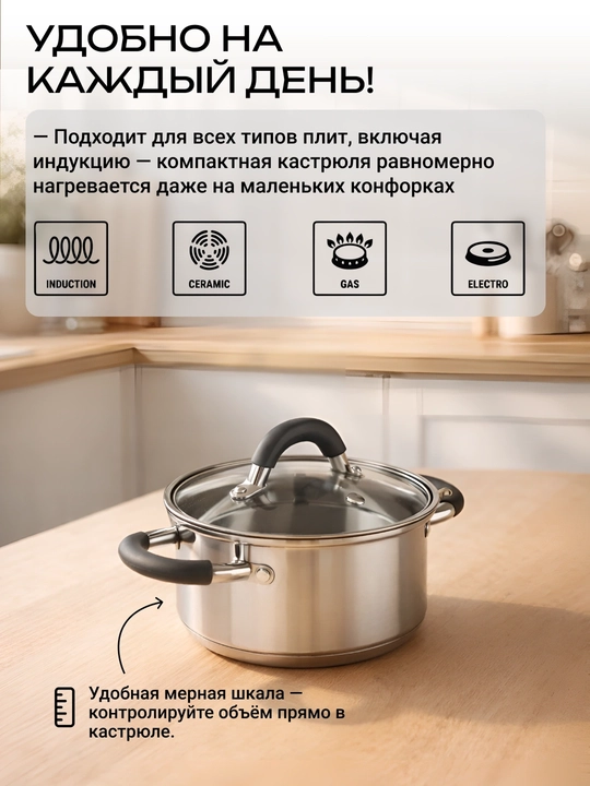 Кастрюля ARDESTO Gemini Salerno, 0.8/1.2/2.3/3.4/4.4 л, нержавеющая сталь, AR1908CS