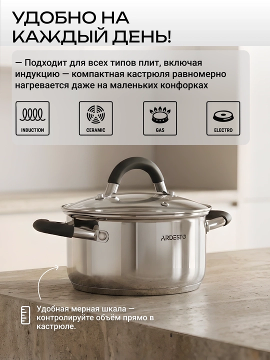 Кастрюля ARDESTO Gemini Salerno, 0.8/1.2/2.3/3.4/4.4 л, нержавеющая сталь, AR1908CS