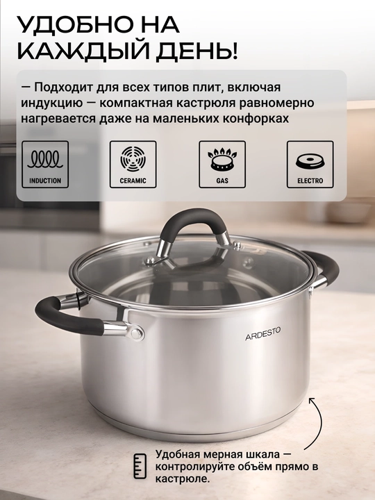 Кастрюля ARDESTO Gemini Salerno, 0.8/1.2/2.3/3.4/4.4 л, нержавеющая сталь, AR1908CS