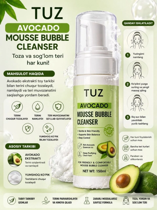 TUZ Avocado Mousse Bubble Cleanser (150 ml)- yuz terisini chuqur tozalovchi penka - 