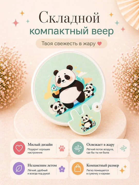 Складной веер - мини ручной веер для лета с принтом - 