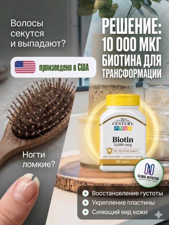 Biotin (B7 vitamini) 10000 mcg, soch to'kilishiga qarshi va go'zallik uchun 120/360 tab