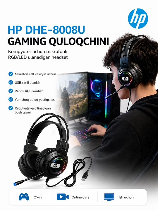 HP DHE-8015U gaming quloqchin, mikrofonli, USB ulanish, kompyuter uchun