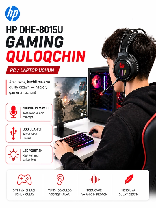 HP DHE-8015U gaming quloqchin, mikrofonli, USB ulanish, kompyuter uchun