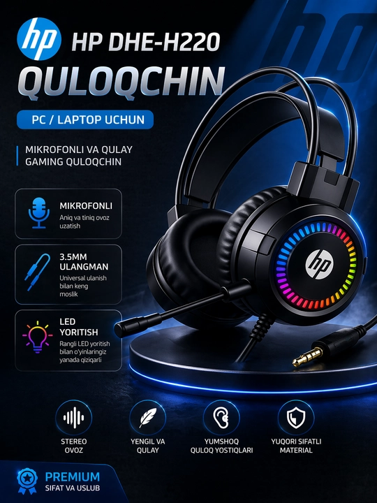 HP DHE-8015U gaming quloqchin, mikrofonli, USB ulanish, kompyuter uchun