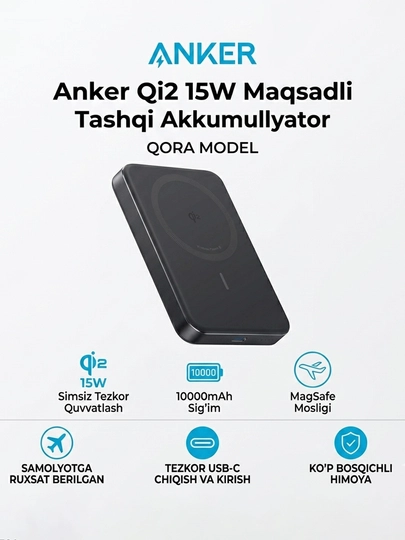 Anker MagGo Qi2 Magnit Powerbank 10000mAh 15W MagSafe iPhone 16/15/14/13/12 uchun 11