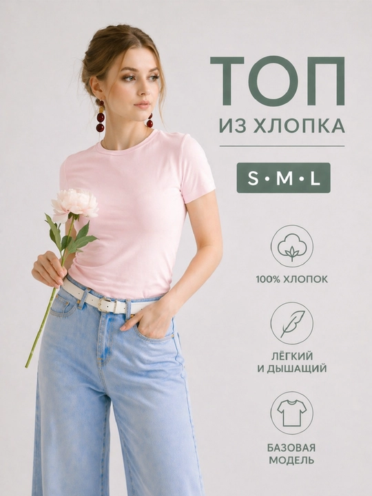 Базовый хлопковый топ женский,приталенная футболка, мягкий облегающий топ, S M L - 