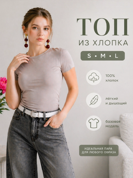 Базовый хлопковый топ женский,приталенная футболка, мягкий облегающий топ, S M L - 