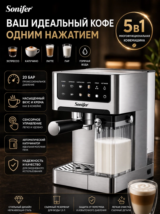 Кофемашина Sonifer SF-3587 20 бар 1350 Вт для приготовления капучино и латте - 