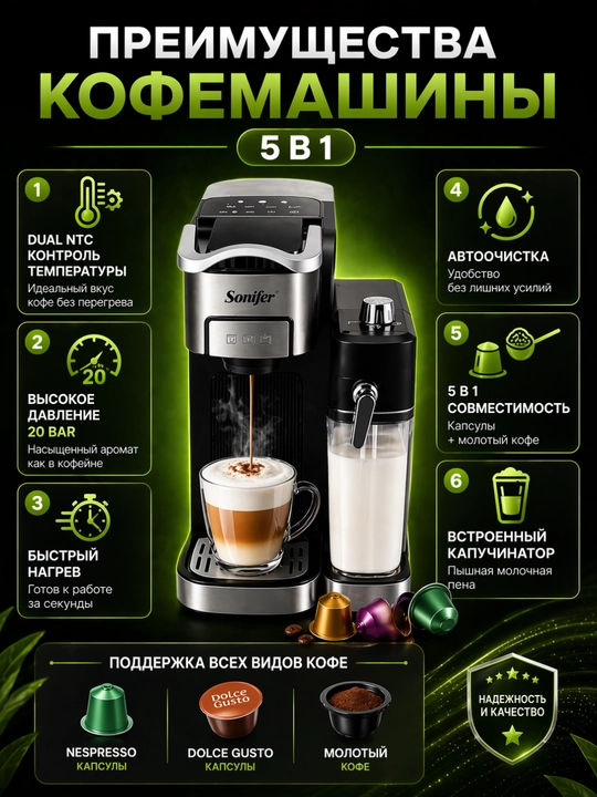 Кофемашина Sonifer SF-3610 5 в 1, для капсул и молотого кофе, 20 бар, 1,5 л - 