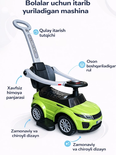 Bolalar aravacha mashinasi, kichik sayohatlar uchun xavfsiz, tutqichi bilan, yoshi 2+
