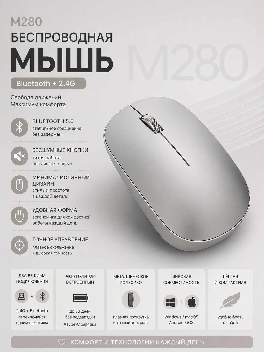 Беспроводная мышь, тихая мышка 2.4G, для ноутбука и компьютера, Type-C зарядка - 