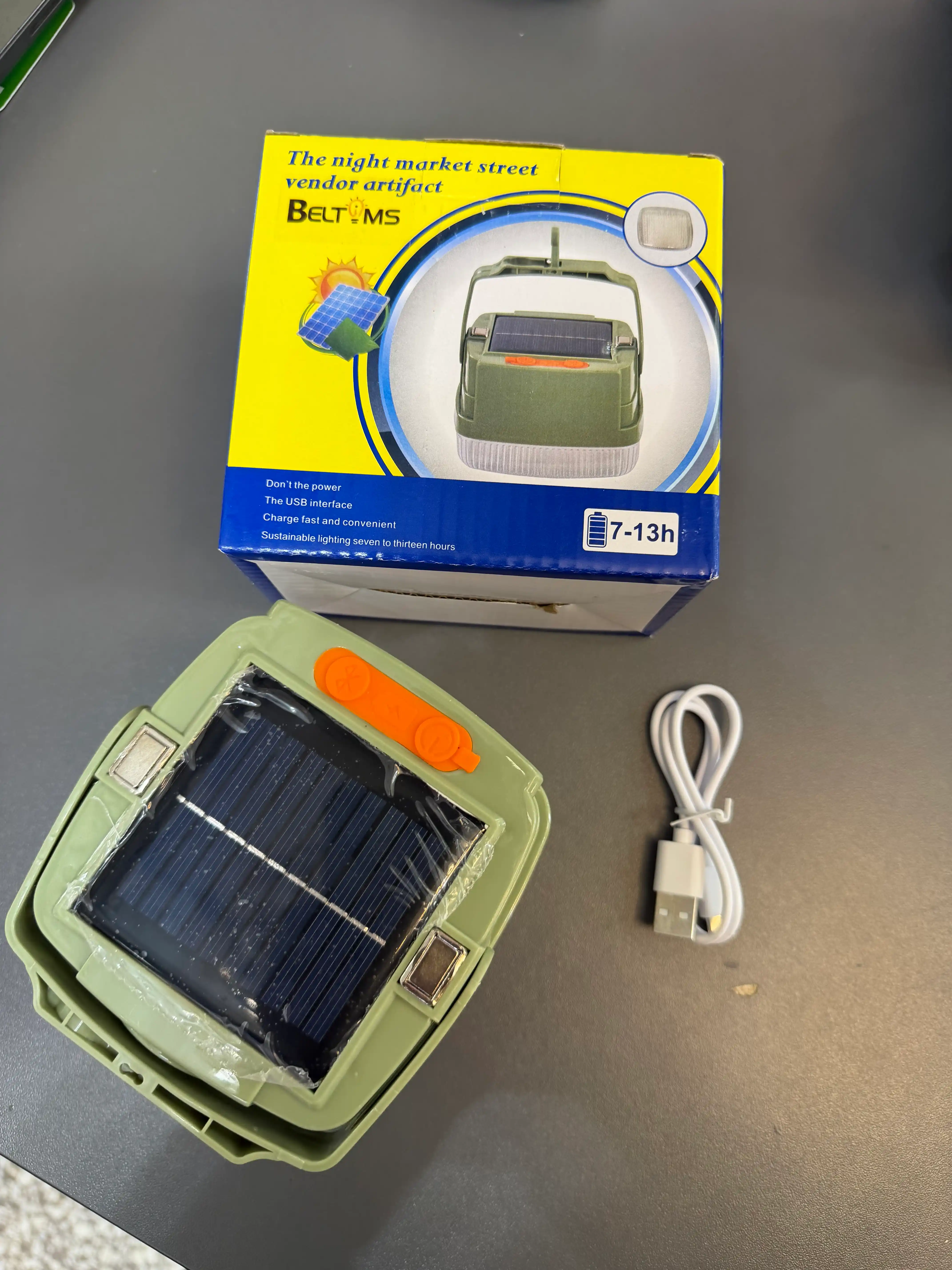 LED fonar quyosh paneli bilan, 3600 mAh batareya, 7–10 soat yorug‘lik, portativ fonar