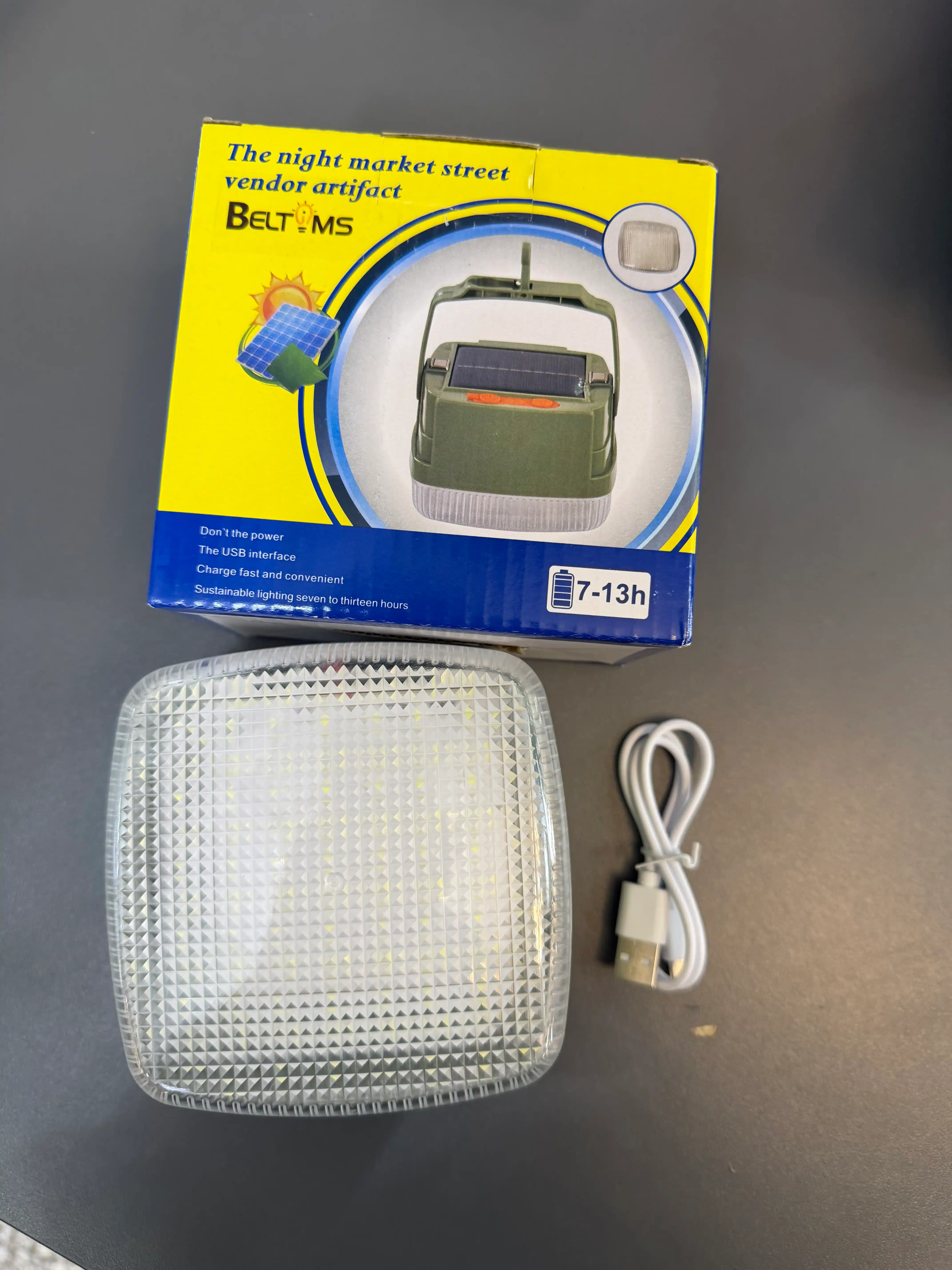 LED fonar quyosh paneli bilan, 3600 mAh batareya, 7–10 soat yorug‘lik, portativ fonar