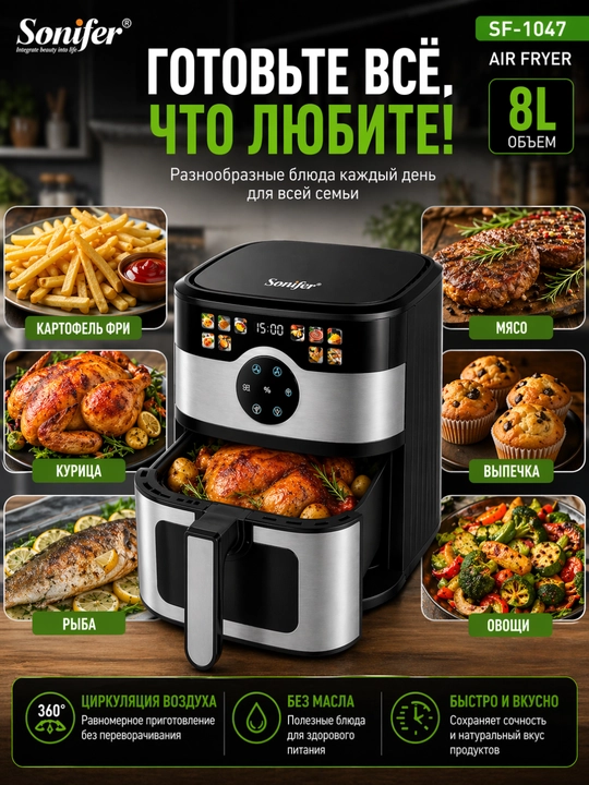 Аэрогриль Sonifer SF-1047, 8 л, 1700 Вт, сенсорная фритюрница Sonifer SF-1047