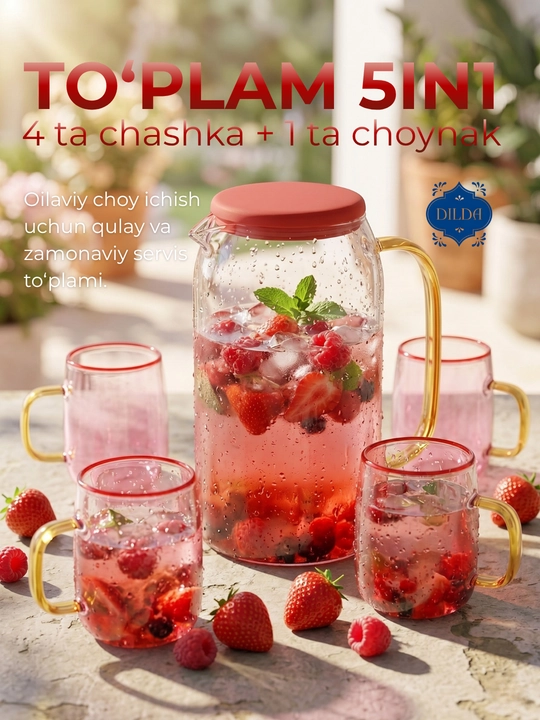 Стеклянный чайный набор: чайник и 4 кружки, сервиз с графином синий стеклянный - 