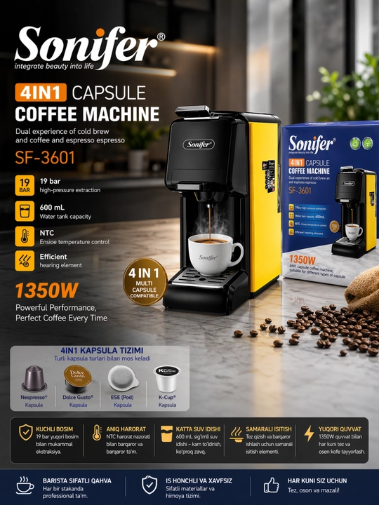 Kapsulali kofe mashinasi Sonifer SF-3601 4in1, 1350W, 19 bar, Nespresso, Dolce Gusto - 