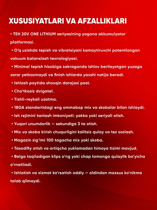 TEH akkumulyatorli gvozde va skobozabivnoy pistolet LGN32, 20V, 3.0 ta/sek,10-32 mm, 100ta